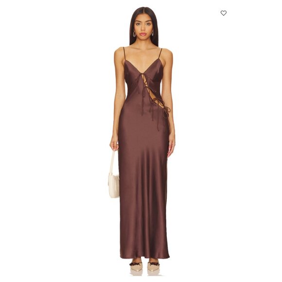 NWT LIONESS About a Girl Maxi Satin Dress in Chocolate | Size M - Picture 7 of 10